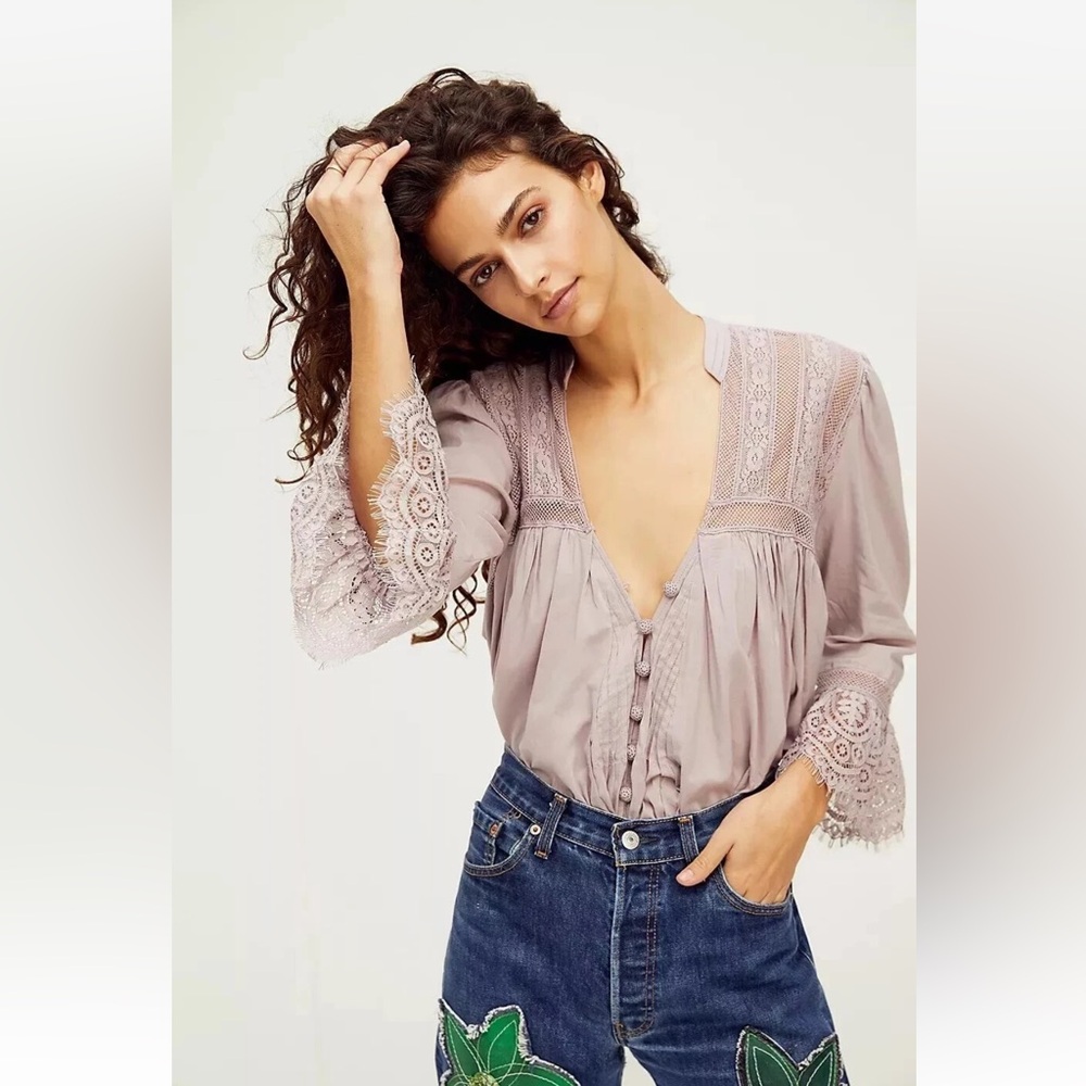 Free People Dusty Mauve Crochet-Trim Peasant Blouse